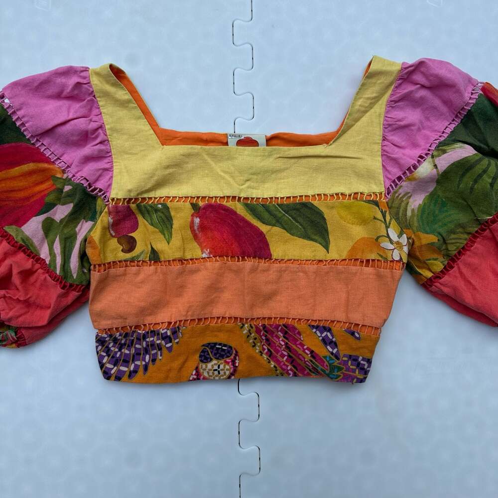 FARM Rio Rainbow Mixed Print Tiered Puff Sleeve Crop Top, small